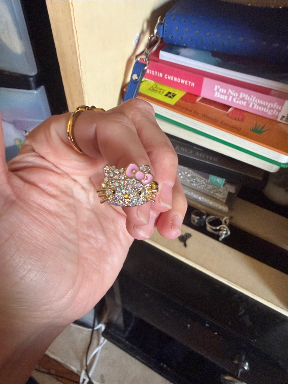 Hello Kitty Gold-Tone Crystal Ring with Pink Enamel Bow